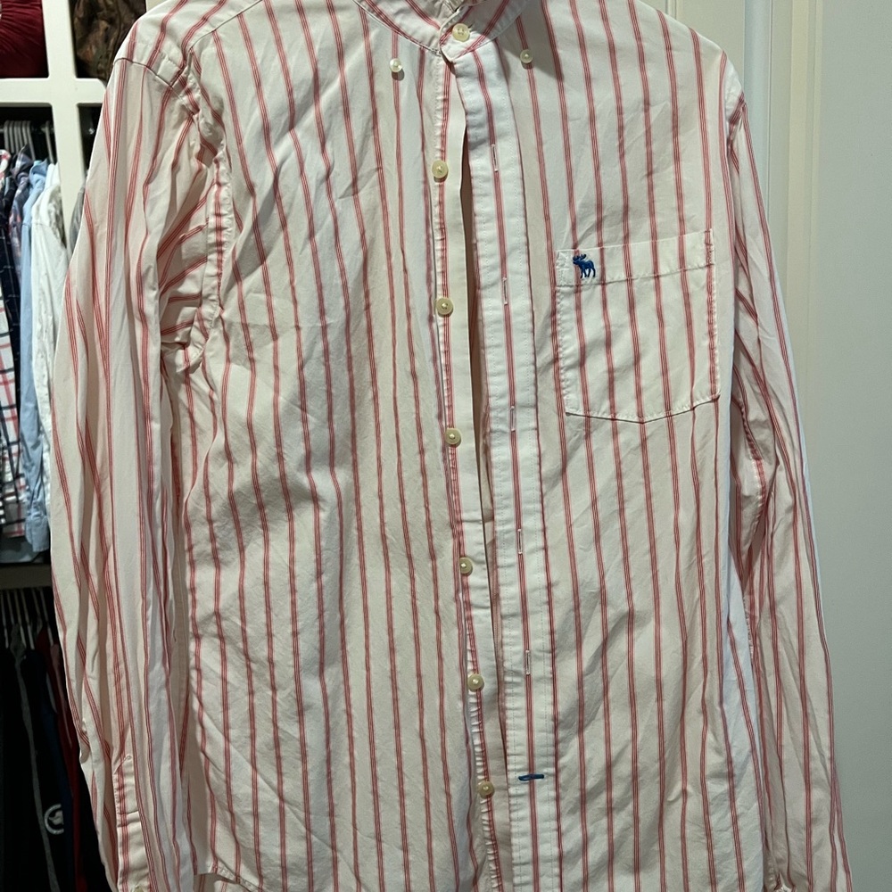 Abercrombie & Fitch Pink and White Striped Button-Down Shirt, Men’s Medium